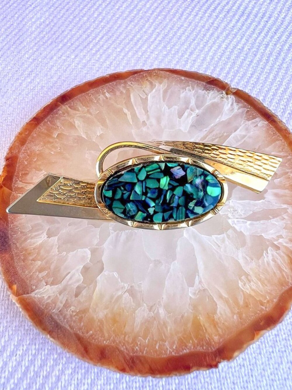 Vintage 80's Geometric Gold Tone Brooch Iridescent Abalone Mosaic Cabochon